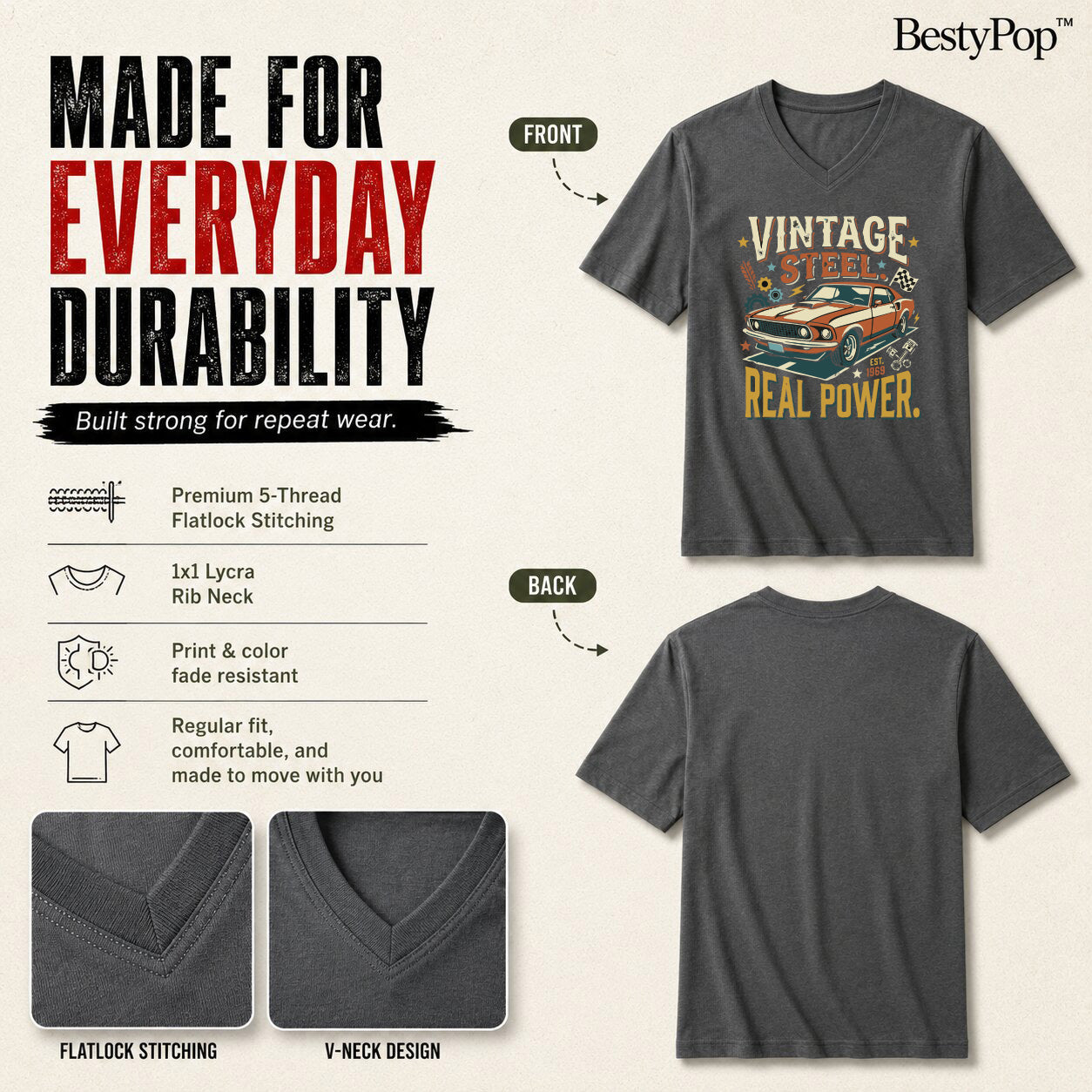 Men’s Graphic Print V-Neck T-Shirt- 190GSM
