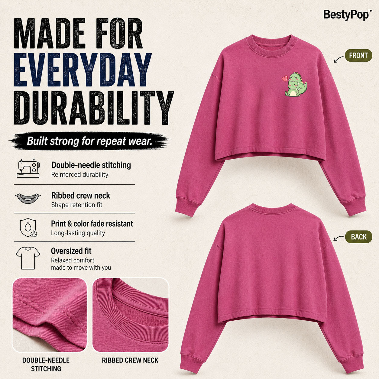Women’s Oversized full Sleeve Crop Top - Dino (270 GSM French Terry)