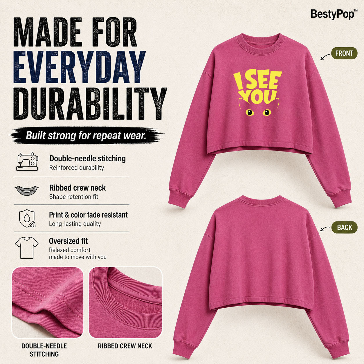 Women’s Oversized full Sleeve Crop Top - I see you (270 GSM French Terry)
