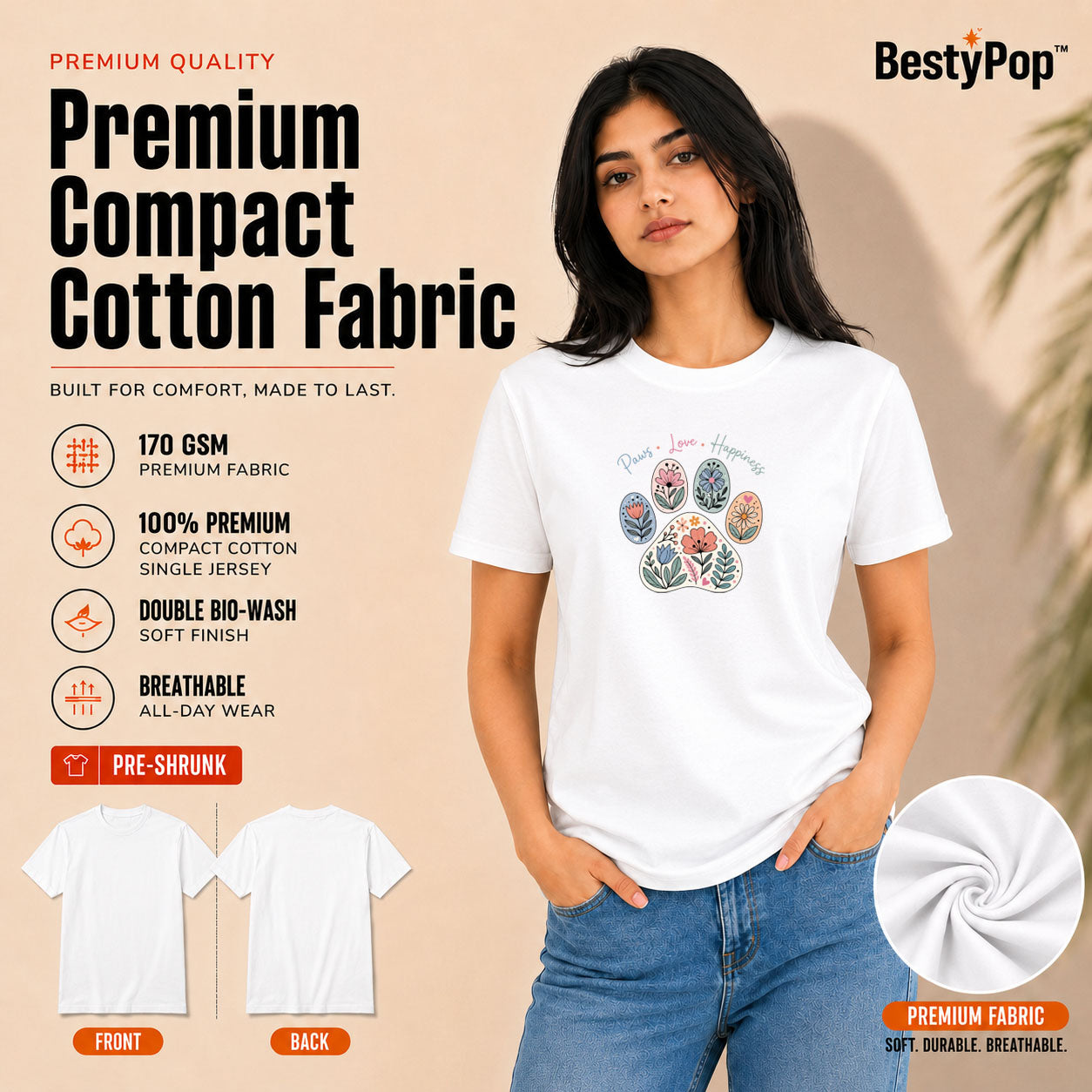 Dog Lover's Round Neck T-Shirts For Women - Paws Love Happiness - (170 GSM) single jersey