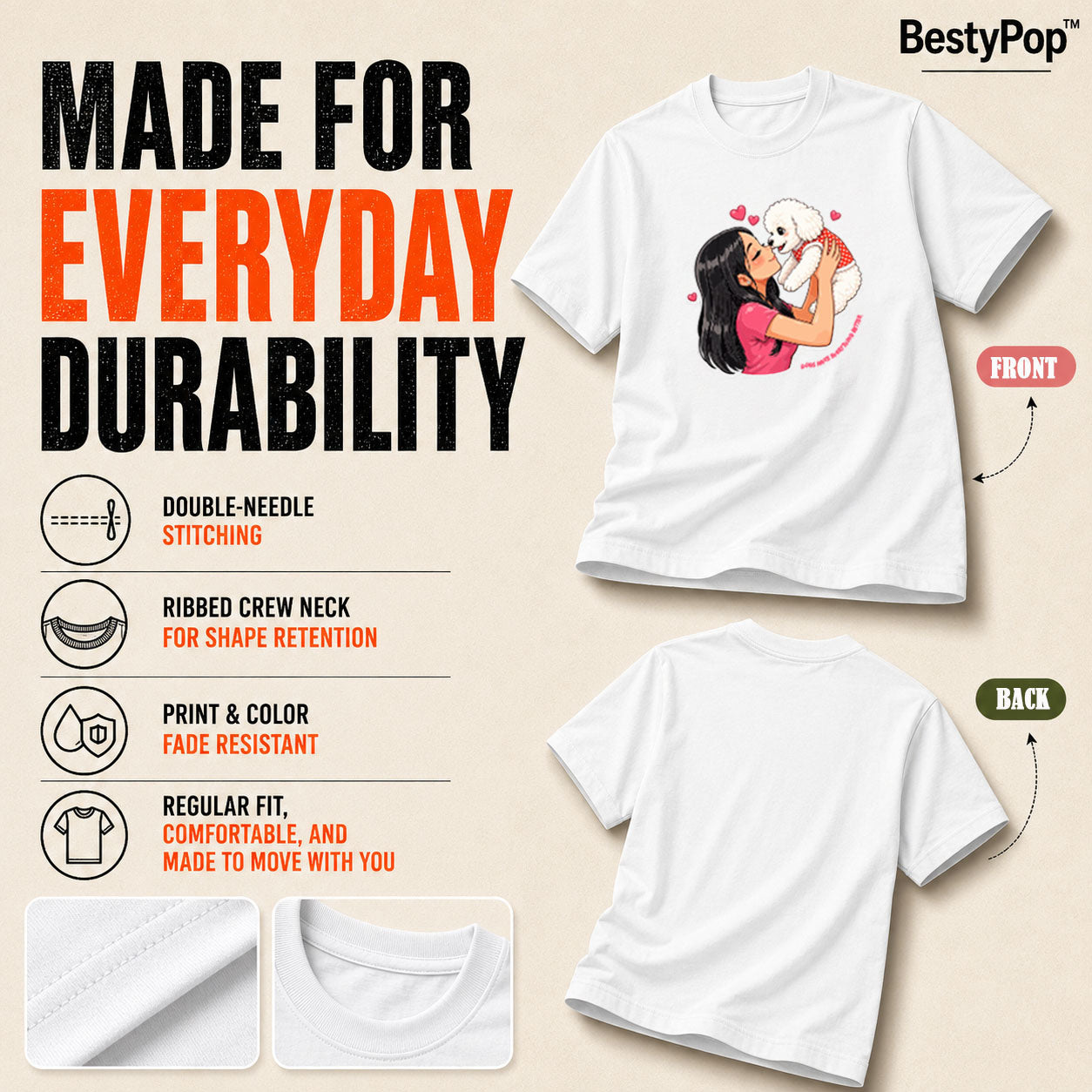 Dog Lover's Round Neck T-Shirts For Women - Paws Love - (170 GSM) single jersey