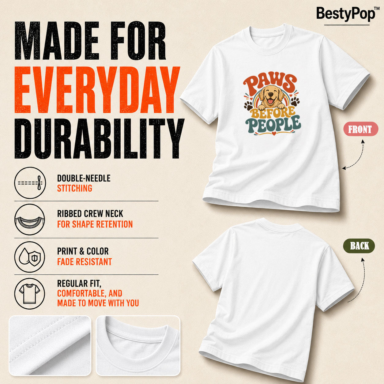 Dog Lover's Round Neck T-Shirts For Women - Happy Paws - (170 GSM) single jersey