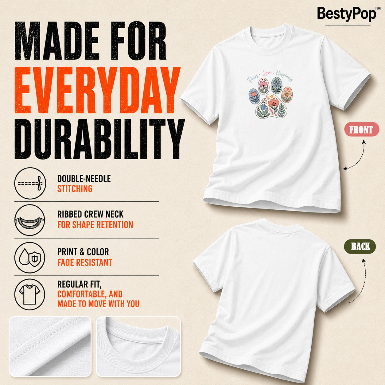 Dog Lover's Round Neck T-Shirts For Women - Paws Love Happiness - (170 GSM) single jersey