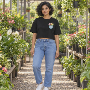 Women’s Oversized Half Sleeve Crop Top - Flower Pocket (220 GSM Interlock Fabric) - 3-second front print video