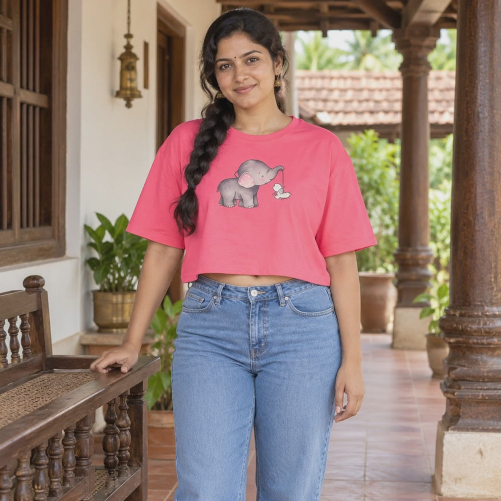 Women’s Oversized Half Sleeve Crop Top - Elephant (220 GSM Interlock Fabric) - 3-second front print video
