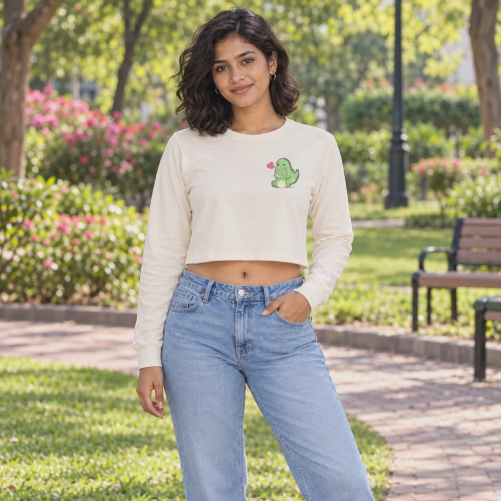 Women’s Oversized full Sleeve Crop Top - Dino (270 GSM French Terry) - 3-second front print video