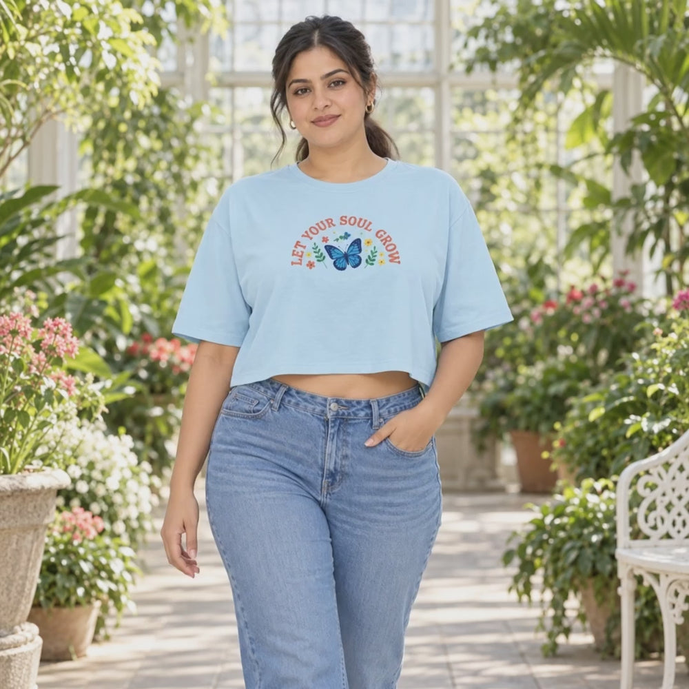 Women’s Oversized Half Sleeve Crop Top - Soul Grow (220 GSM Interlock Fabric) - 3-second front print video