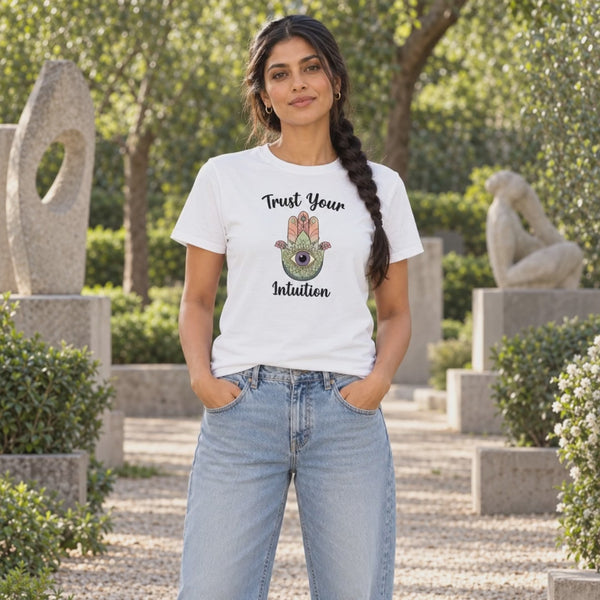 Women's Crew Neck t-shirt - Trust Your Intuition (170 GSM single jersey) - 3-second front print video