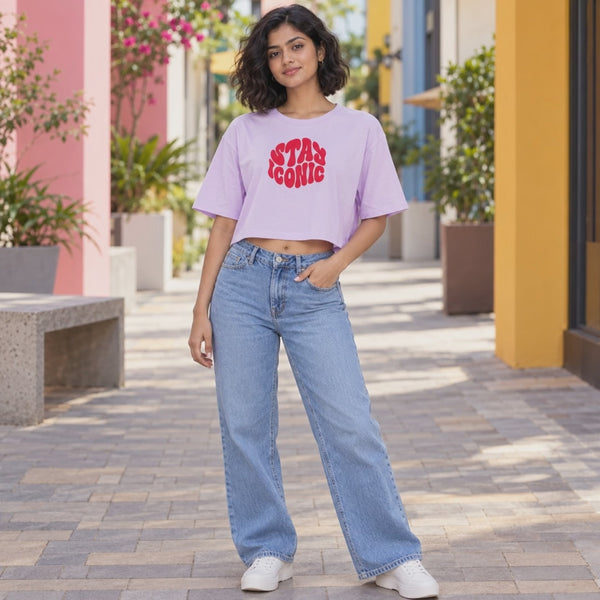 Women’s Oversized Half Sleeve Crop Top - Stay Iconic (220 GSM Interlock Fabric) - 3-second front print video